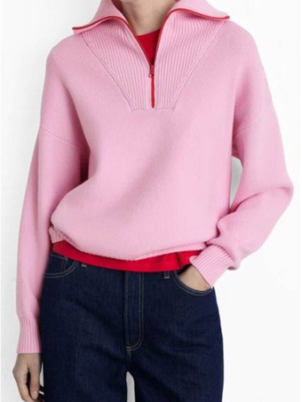 Contrast Half Zip Sweater in Pink | MNG | Sz XL